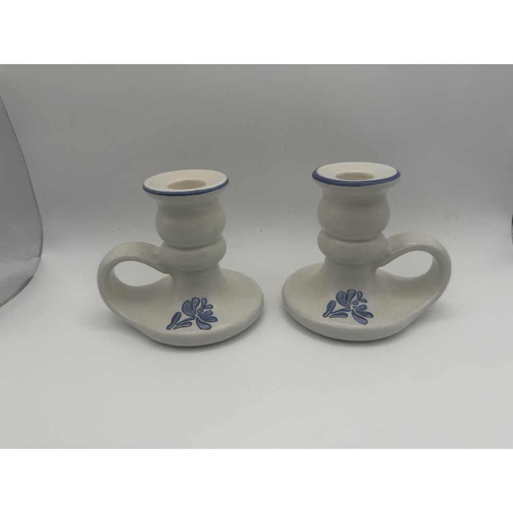 Pfaltzgraff Yorktowne Candlestick Holders Pair Blue Floral Stoneware USA